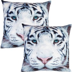 Set van 2x stuks woon sierkussen witte tijger foto print 40 x 40 cm - Sierkussens