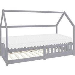 Kinderbed huisbed 90x200 cm lichtgrijs gemaakt van dennenhout incl. matras H-10cm uitvalbeschermend dak en lattenbodem ML-Design