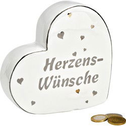 Spaarpot Hart, Hartewensen, van wit keramiek (B/H/D) 16x15x5cm