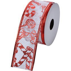 Clayre & Eef Kerstlint 38 mm Wit Rood Synthetisch