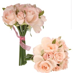 2x Roze rozen kunstbloemen boeket 9 stuks - Kunstbloemen