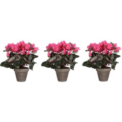 Voordeelset van 4x stuks roze cyclamen kunstplanten 30 cm met bloemen en grijze pot - Kunstplanten