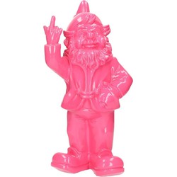 Stoobz design tuinkabouter met opgestoken middelvinger - roze - 32 cm - fuck you - beeldje - Tuinbeelden