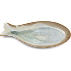 Riviera Maison Serveerschaal Beige en blauw aardewerk in vorm van vis - Lagos Fish ovale schaal voor serveren van hapjes