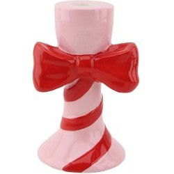 Candle holder - Stripes with Bow - Dolomite - Pink/Red - 9x8x14cm