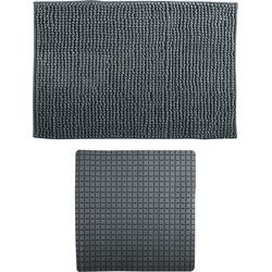 MSV Douche anti-slip mat en droogloop mat - Sevilla badkamer set - rubber/microvezel - donkergrijs - Badmatjes