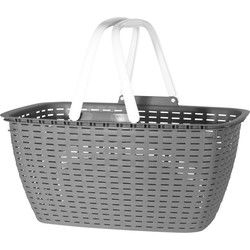Wasmand met hengsels - grijs/wit - 26 liter - L43 x B30 x H21 cm - Wasmanden