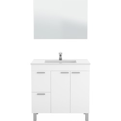 Meubel met keramische wastafel 80 cm, 2 deuren, 2 laden en spiegel - Aktiva