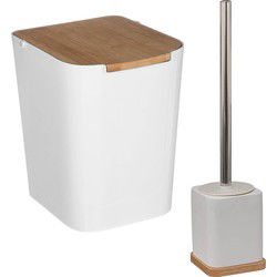 Badkamer/toilet accessoires set - WC-borstel in houder en prullenbak - wit - bamboe - 5 liter - Badkameraccessoireset