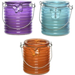 Citronella windlicht met kaars - 3x - paars/blauw en oranje - 20 branduren - citrusgeur - geurkaarsen