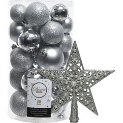 Decoris kerstballen 30x stuks - zilver 4/5/6 cm kunststof mat/glans/glitter mix en piek - Kerstbal