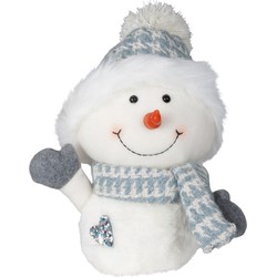 Pluche decoratie sneeuwpop - 27 cm - blauw - met sjaal en muts - Kerstman pop