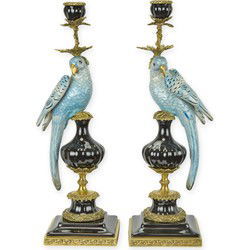 A PAIR OF BRONZE MOUNTED PORCELAIN PARROT CANDLE HOLDERS