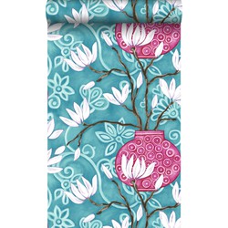 Origin Wallcoverings behang magnolia turquoise en roze - 53 cm x 10,05 m - 346925