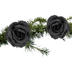 2x stuks kerstboom bloemen op clip zwart glitter 15 cm - Kersthangers