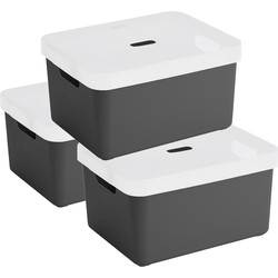 3x Sunware opbergbox/mand 32 liter antraciet grijs kunststof met transparante deksel - Opbergbox