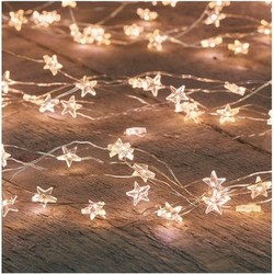 2x Zilveren sterren kerstverlichting met timer warm wit 1 meter - Lichtsnoeren