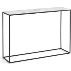 Kave Home - Rewena salontafel van porselein met witte Kalosafwerking en stalen frame 110 x 75 cm