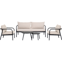 Manu tuin loungeset zwart 5delig - tweezitsbank, twee fauteuils en twee salontafels - met beige zitkussens