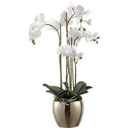 Kunstmatig orchideeën arrangement met witgouden vaas H69