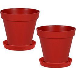 Set van 2x stuks bloempotten Toscane kunststof rood D40 x H32 cm inclusief onderschalen D35 cm - Plantenpotten