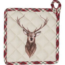Clayre & Eef Pannenlap  20x20 cm Beige Rood Katoen Vierkant Hert Afgiet Pannenlap