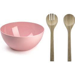 Salade serveer schaal - roze - kunststof - Dia 28 cm - incl. bamboe Sla couvert/bestek - Serveerschalen