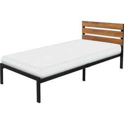 Metalen bed 90x200 cm zwart met lattenbodem en matras met houten hoofdbord en voeteneind ML design