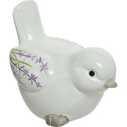 tuinbeeld vogel - wit - lavendel bloemen - staart omhoog - 9 cm - Tuinbeelden