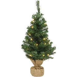 Kerst kerstbomen groen in jute zak met verlichting 60 cm - Kunstkerstboom