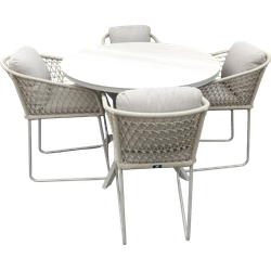 Set van Calma high dining tafel dia. 120 cm alu salix/travertin en 4 Bara high dining chairs alu salix/rope salix/flax beige AW incl. kussens