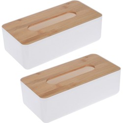 2x stuks tissuedoos/tissuebox rechthoekig van kunststof met bovenkant van bamboe hout 26 x 13 cm wit - Tissuehouders