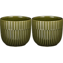 2x Stuks Plantenpot/bloempot keramiek glans donkergroen stripes patroon - D11/H9 cm - Plantenpotten