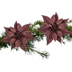 2x stuks kerstboom decoratie bloemen donkerrood glitter op clip 18 cm - Kersthangers