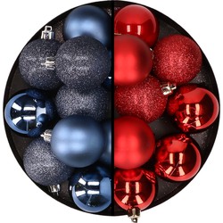 24x stuks kunststof kerstballen mix van donkerblauw en rood 6 cm - Kerstbal