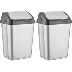 2x stuks zilver/zwarte kunststof vuilnisbakken 5 liter voor op kantoor - Prullenbakken