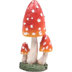 Decoratie huis/tuin beeldje paddenstoelen - hoge hoed - vliegenzwammen - rood/wit - 10 cm - Tuinbeelden