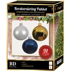 Witte/gouden/donkerblauwe kerstballen pakket 91-delig voor 150 cm boom - Kerstbal