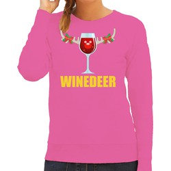 Bellatio Decorations Foute kersttrui/sweater dames - winedeer - roze - wijn - rendier - kerstmis M - kerst truien