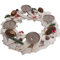 Cosmo Casa  Adventskrans rond - Kerstdecoratie Tafelkrans - Hout Ø 40cm wit - grijs - Zonder kaarsen