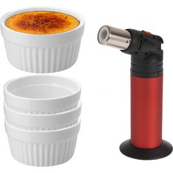 5-Delige creme brulee set met witte schaaltjes en een rode brander - Serveerschalen