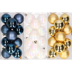 36x stuks kunststof kerstballen mix van donkerblauw, parelmoer wit en goud 6 cm - Kerstbal