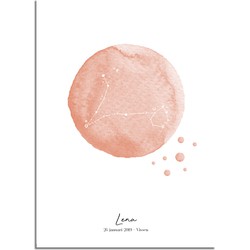 Geboorteposter Sterrenbeeld Vissen – Roze Kraamcadeau - A4 poster (21x29,7cm)