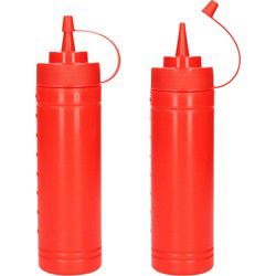 PlasticForte Doseerfles/sausfles - 2x stuks - kunststof - rood - met schenktuit - 500 ml - 23 cm - Maatbekers