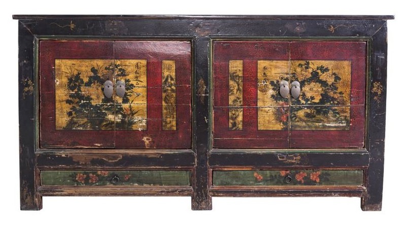 Fine Asianliving Antiek  Chinees Dressoir Handbeschilderde Gele Mudans  - China - 