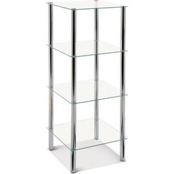 4-laags glazen Etagere|39x39|Gehard veiligheid glas|Hoge Bijzettafel van verchroomd staal|107cm hoog