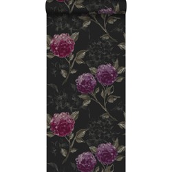 ESTAhome behang hortensia's zwart en aubergine paars
