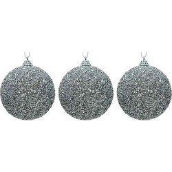 3x Kerstballen zilveren glitters 8 cm met kralen kunststof kerstboom versiering/decoratie - Kerstbal