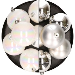12x stuks kunststof kerstballen 8 cm mix van parelmoer wit en zilver - Kerstbal