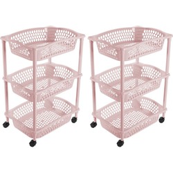 2x stuks keuken opberg trolleys/roltafels met 3 manden 62 cm lichtroze - Opberg trolley